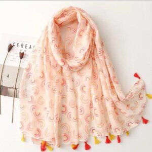 Orange Pink Rainbow Colorful Printed Fashion Scarf with Tassel Detail